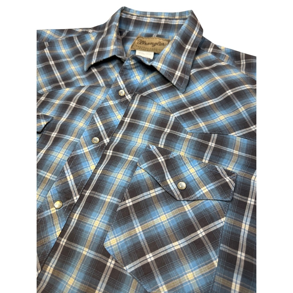 Wrangler Mens Western Snap Shirt Blue Yellow Plaid Short Sleeve XL - Picture 3 of 7